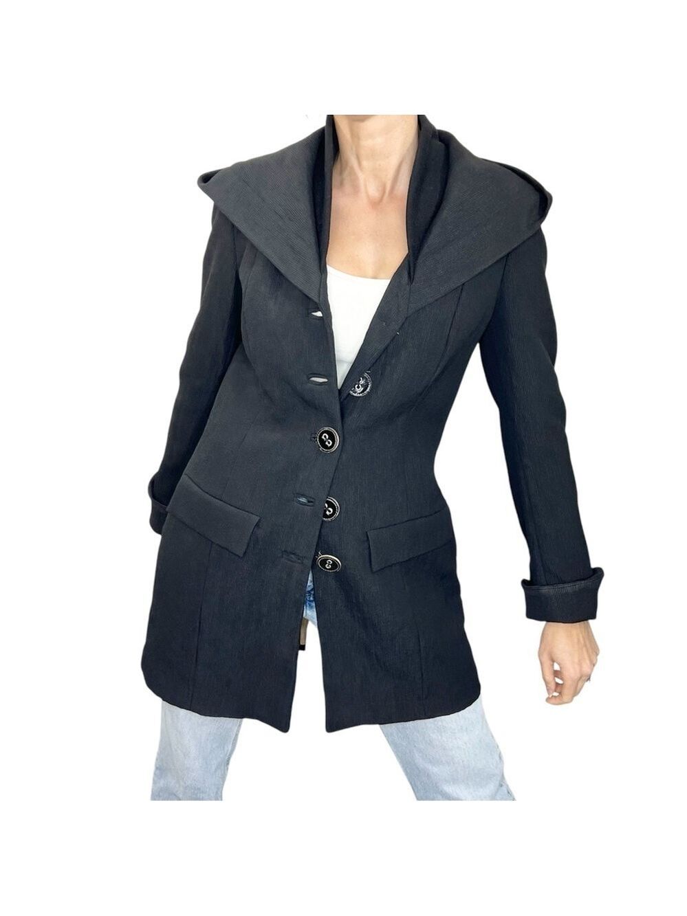 Zenobia black ribbed knit hooded button front spring fall jacket coat 6